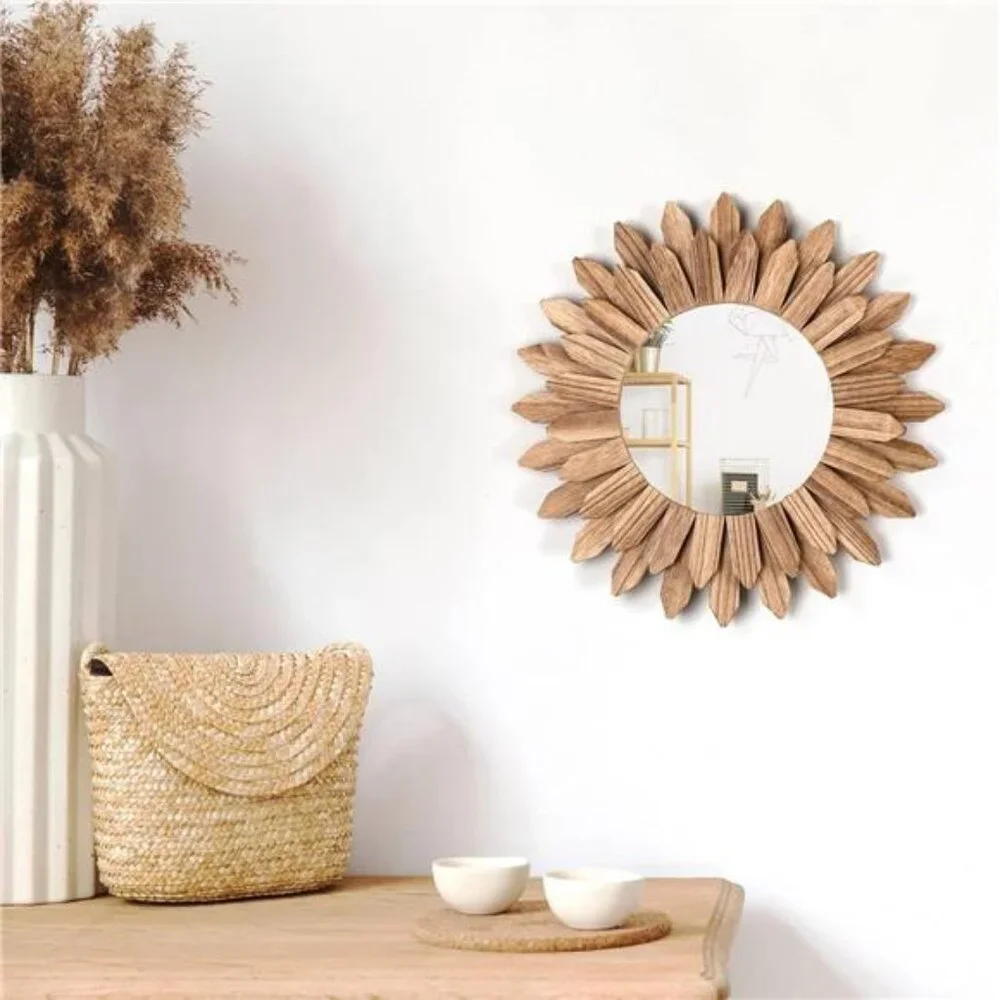 Wall Mirror Decorative 12 inch Rustic Wood Mirror Sunburst Boho Mirror for Entry